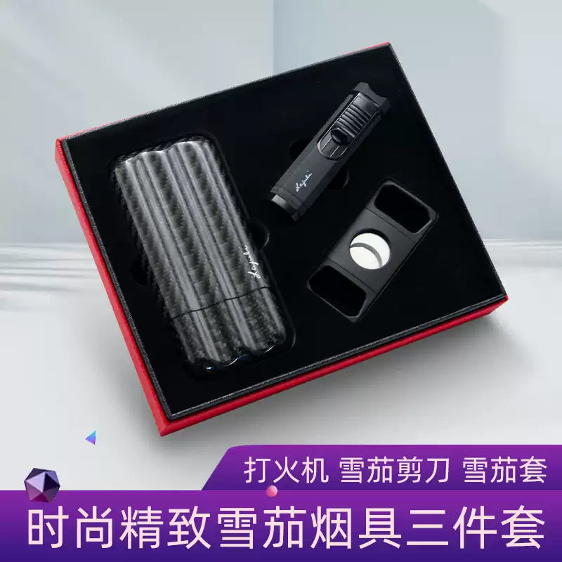 雪茄打火机 雪茄剪碳纤维3位雪茄套套装
