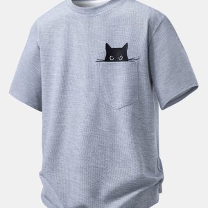 Relax Fit Black Cat Embroidered Pocket Waffle T-Shirt