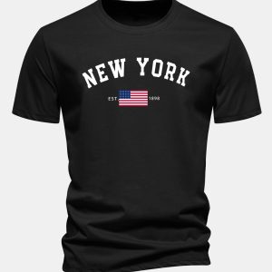 Regular Fit New York American Flag Print Cotton T-Shirt