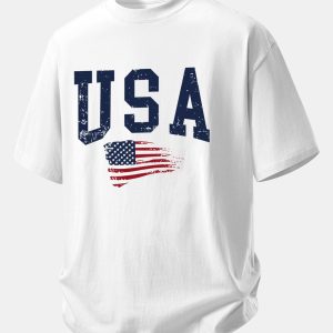 Relax Fit USA American Flag Print Cotton T-Shirt