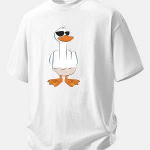 Relax Fit Funny Middle Finger Duck Print Cotton T-Shirt