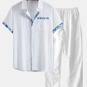 Contrast Floral Print Linen Look Shirt & Straight Leg Linen Pants