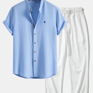 Short Sleeve Seersucker Stand Collar Shirt & Crinkle Textured Straight Leg Pants