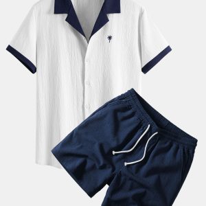 Contrast Palm Tree Embroidery Crinkle Shirt & Crinkle Textured Drawstring 5" Shorts