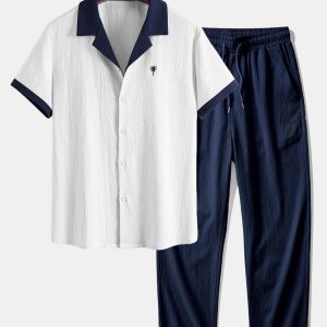 Contrast Palm Tree Embroidery Crinkle Shirt & Crinkle Textured Straight Leg Pants