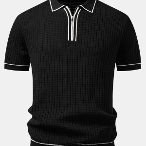 Contrast Trim Waffle Zipper Knit Polo