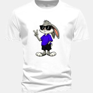 Regular Fit Sunglasses Bunny With V Sign Print Cotton T-Shirt