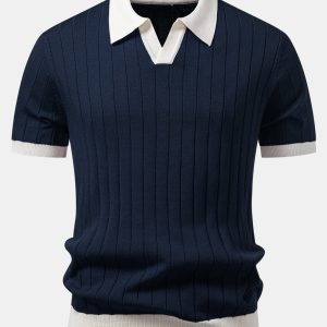 Contrast Trim Stripe Johnny Collar Polo