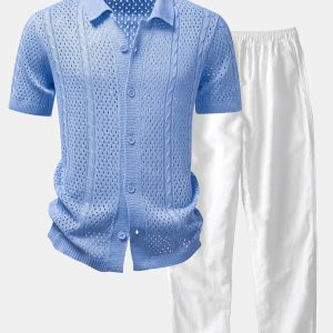 Open Knit Shirt & Straight Leg Linen Pants