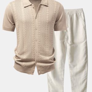 Twisted Jacquard Button Up Knit Shirt & Straight Leg Linen Pants