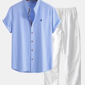 Short Sleeve Cotton Stripe Stand Collar Shirt & Straight Leg Linen Pants