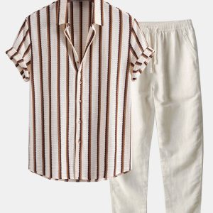 Stripe Waffle Button Up Shirt & Straight Leg Linen Pants