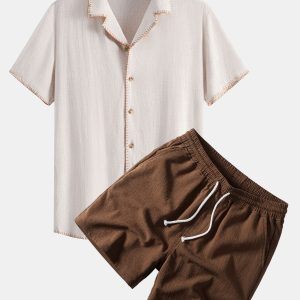 Contrast Stitching Linen Rayon Blend Cuban Shirt & Crinkle Textured Drawstring 5" Shorts
