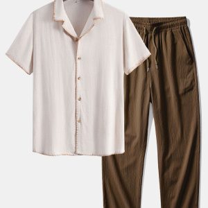 Contrast Stitching Linen Rayon Blend Cuban Shirt & Crinkle Textured Straight Leg Pants