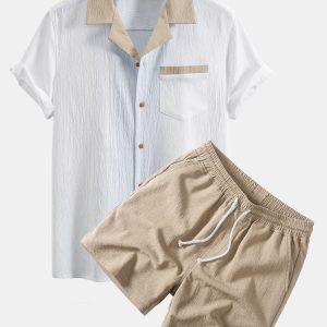 Crinkle Textured Contrast Cuban Shirt & Drawstring 5" Shorts