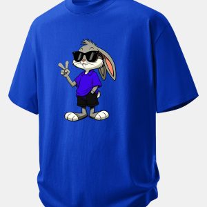Relax Fit Sunglasses Bunny With V Sign Print Cotton T-Shirt