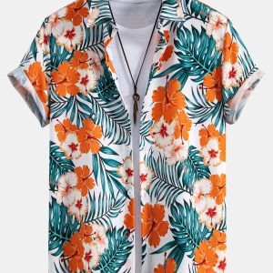 Tropical Flowers Print Button Up Shirt