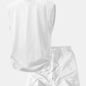Letter Jacquard Tank Top & Drawstring Shorts Set