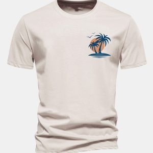 Regular Fit Palm Tree Seagull Print Cotton T-Shirt