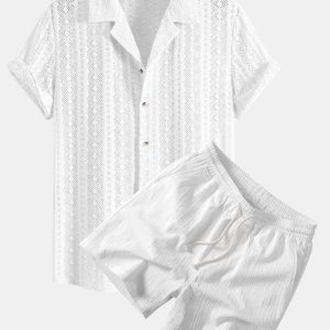 Geometric Jacquard Cuban Shirt & Crinkle Textured Drawstring 5" Shorts