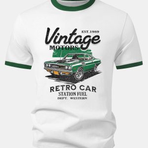 Vintage Car Print Contrast Ringer T-Shirt
