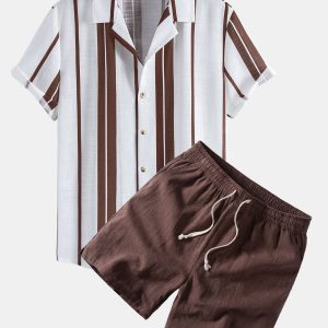 Linen Look Stripe Cuban Shirt & Linen Blend Drawstring 7" Shorts