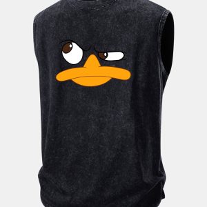 Emoji Duck Print Washed Distressed Tank Top