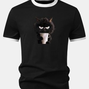 Black Cat Drinking Coffee Print Contrast Ringer T-Shirt