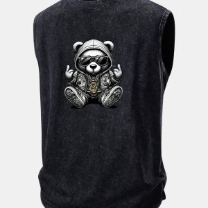 Hip Hop Bear Print Washed Distressed Tank Top