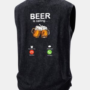 Beer Print Washed Distressed Tank Top