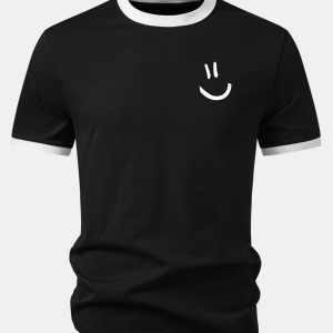 Smiley Face Print Contrast Ringer T-Shirt