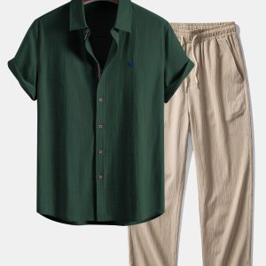 Short Sleeve Linen Look Button Up Shirt & Crinkle Textured Straight Leg Pants