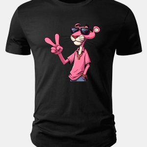 Pink Panther With V Sign Print Cotton Arc Hem T-Shirt