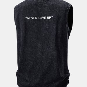 Never Give Up Print Washed Distressed Tank Top