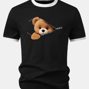 Zipper Bear Print Contrast Ringer T-Shirt