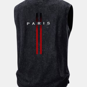Paris Stripe Print Washed Distressed Tank Top
