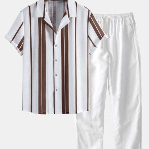 Linen Look Stripe Cuban Shirt & Straight Leg Linen Pants