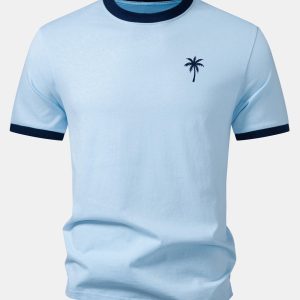 Palm Tree Print Contrast Ringer T-Shirt