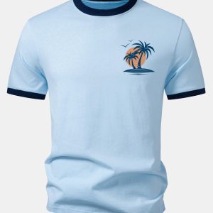 Palm Tree Seagull Print Contrast Ringer T-Shirt