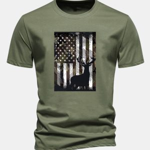 Regular Fit American Flag Moose Print Cotton T-Shirt