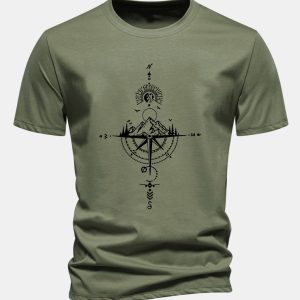 Regular Fit Mountain Compass Print Cotton T-Shirt