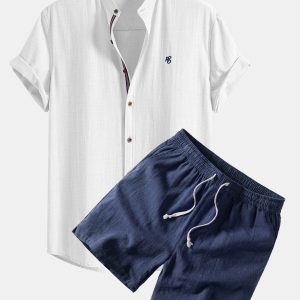 Short Sleeve Linen Look Stand Collar Shirt & Linen Blend Drawstring 7" Shorts