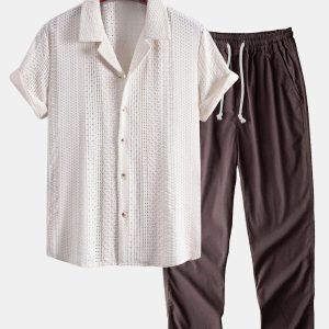 Geometric Jacquard Cuban Collar Shirt & Straight Leg Linen Pants