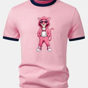 Street Fashion Pink Panther Print Contrast Ringer T-Shirt