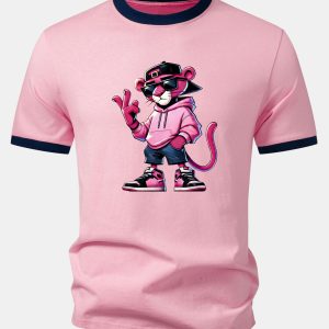 Cool Pink Panther Print Contrast Ringer T-Shirt