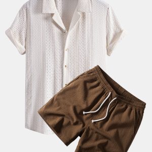 Geometric Jacquard Cuban Collar Shirt & Crinkle Textured Drawstring 5" Shorts