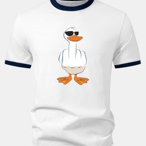 Funny Middle Finger Duck Print Contrast Ringer T-Shirt