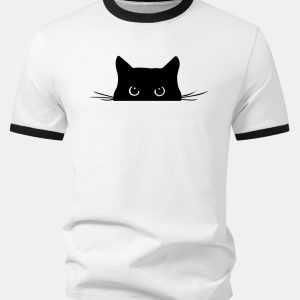 Black Cat Print Contrast Ringer T-Shirt