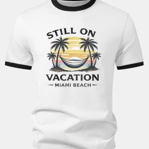 Vintage Vacation Beach Print Contrast Ringer T-Shirt