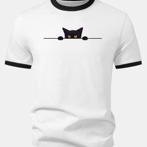 Black Cat Print Contrast Ringer T-Shirt